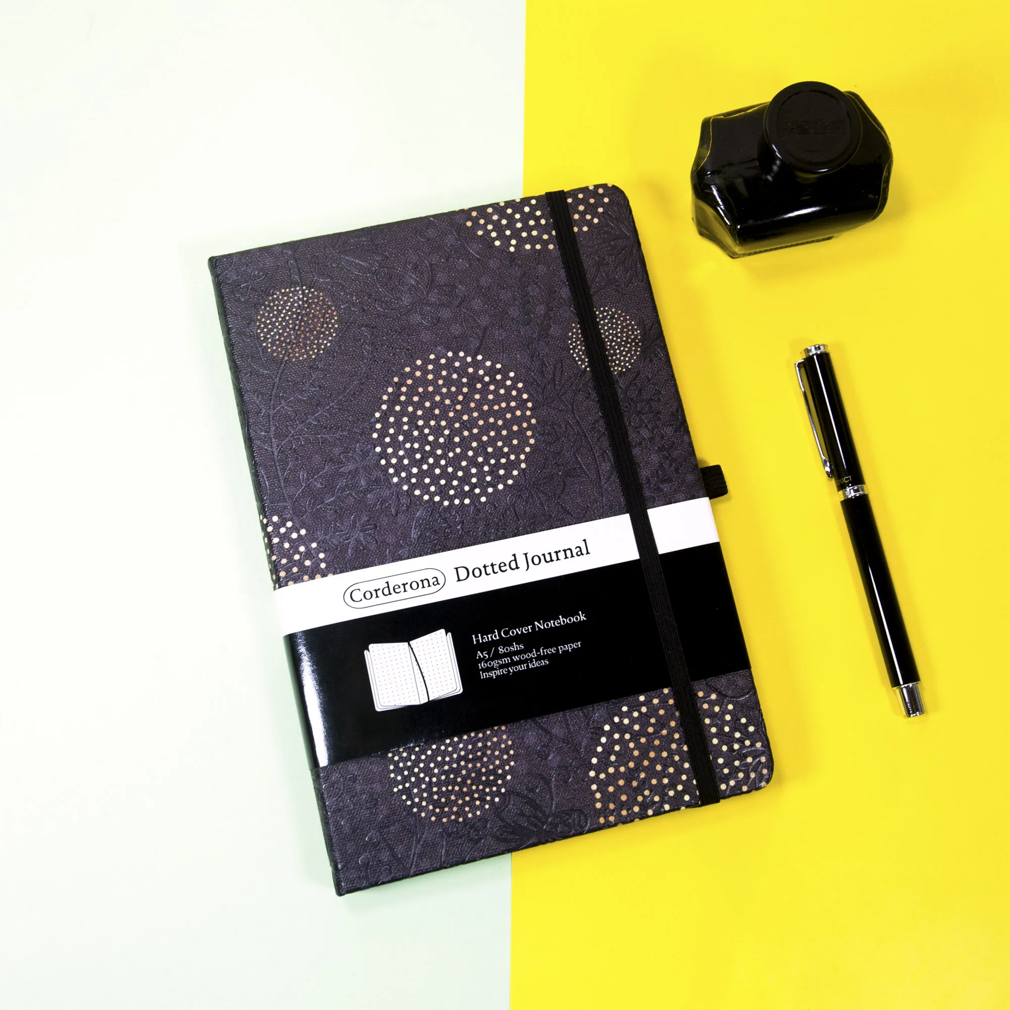 A5 Dot Grid Bullet Notebook Black Floral Hard Cover 160gsm Thick Journal Elastic Band Expandable Pocket Travel Planner