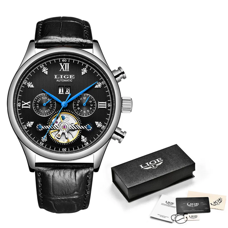 LIGE Брендовые мужские часы автоматические механические часы Tourbillon спортивные часы кожаные повседневные деловые часы в ретро-стиле Relojes Hombre - Цвет: Sivler black L