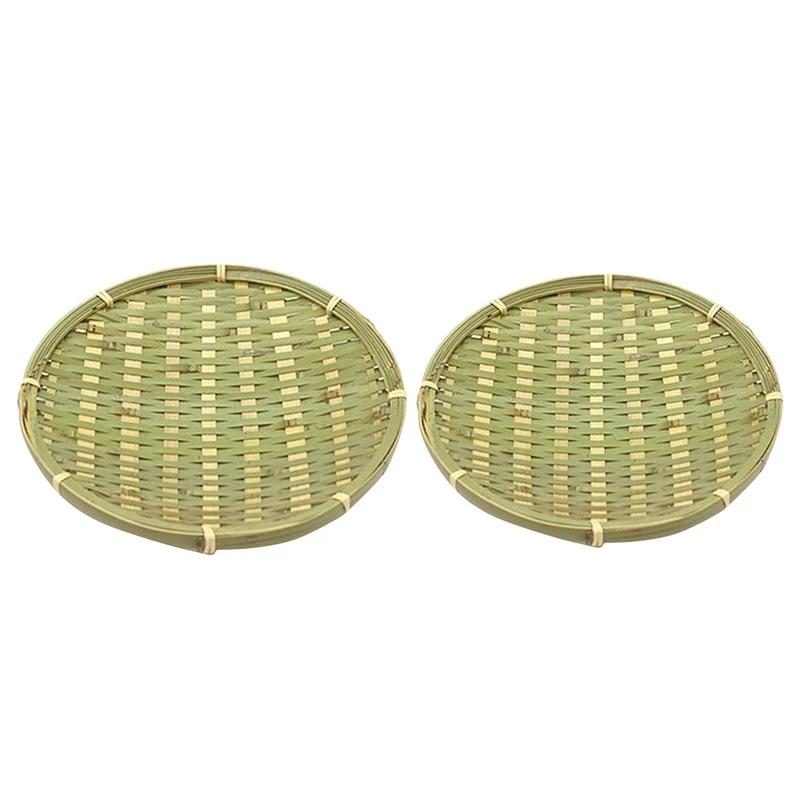 2 Pcs Bamboo Round Fruit Plate Handmade Storage Tray Hand Knitting Bread Basket Food Fruit Basket Hotel Hotel Dining Tray Diamet