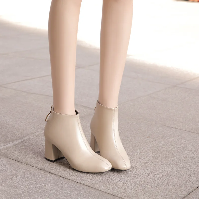 

Fashion Solid Zipper Chelsea Boots Women Ankle Round Toe Med Boots Square Heel Sewing Ladies Shoes