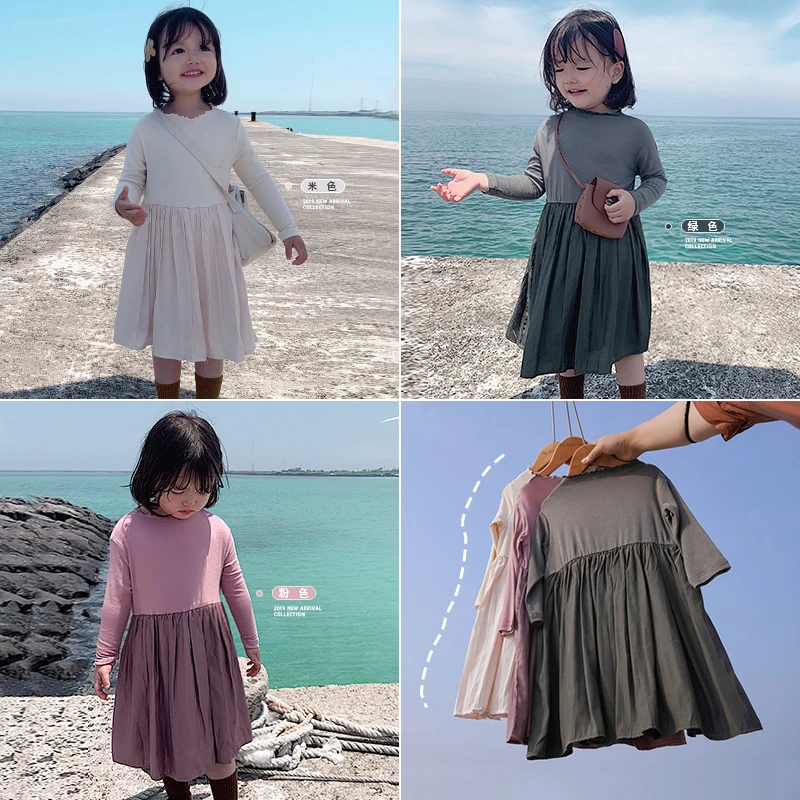 

2019 Pure Color Dresses with Ear Edge Cotton Body Chiffon Skirt Long Sleeve Dresses Toddler Kids Infant Patchwork Princess Dress