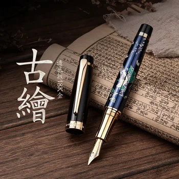 

HongDian Metal Fountain Pen Hand-Drawing Blue Magpie Iridium EF/ Fine / Bent Nib Ink Pen Excellent Writing Gift Pen for Business