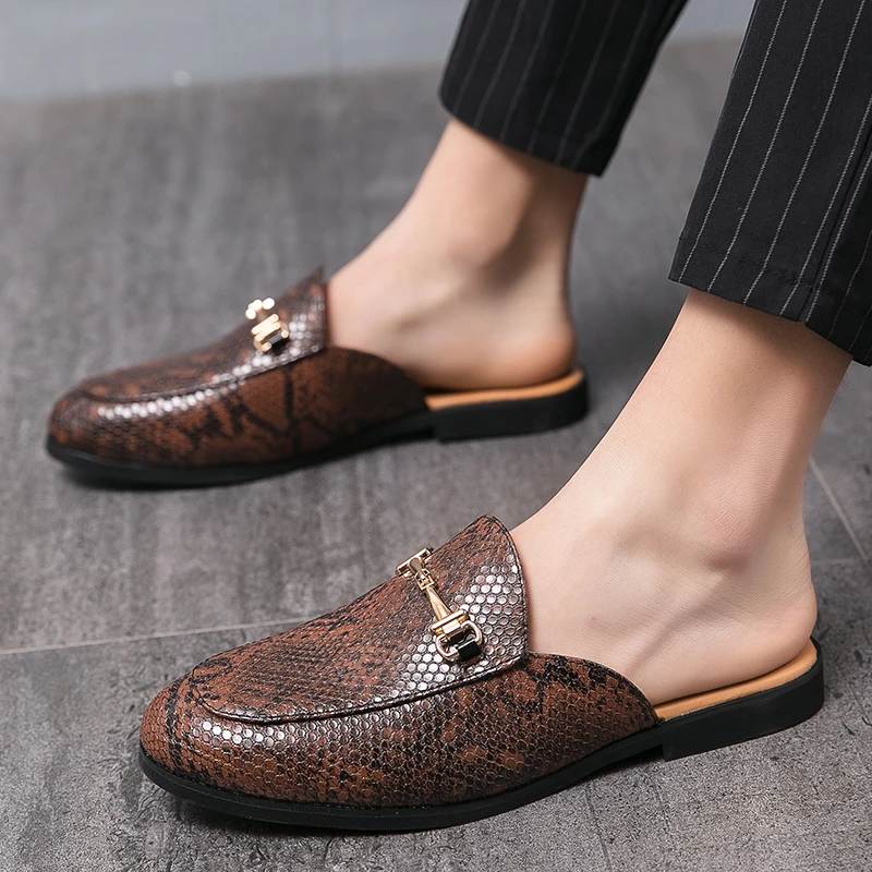 TOSJC Mens Buckle Half Loafers Snake Pattern Slippers Breathable Anti-slip Half Shoes for Man Summer Mules Lightweight Slides