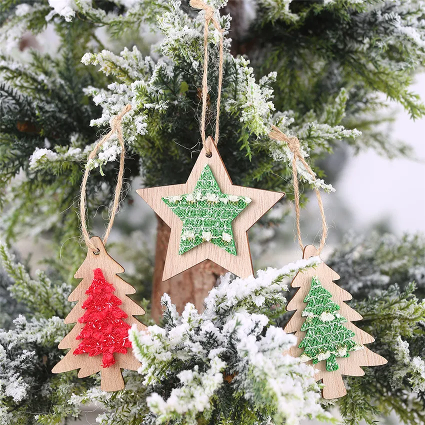 

3PC New Christmas Tree Ornaments Hanging Wooden cloth sticker Xmas Home Party Decor Pendants Wooden Pendant Decoration