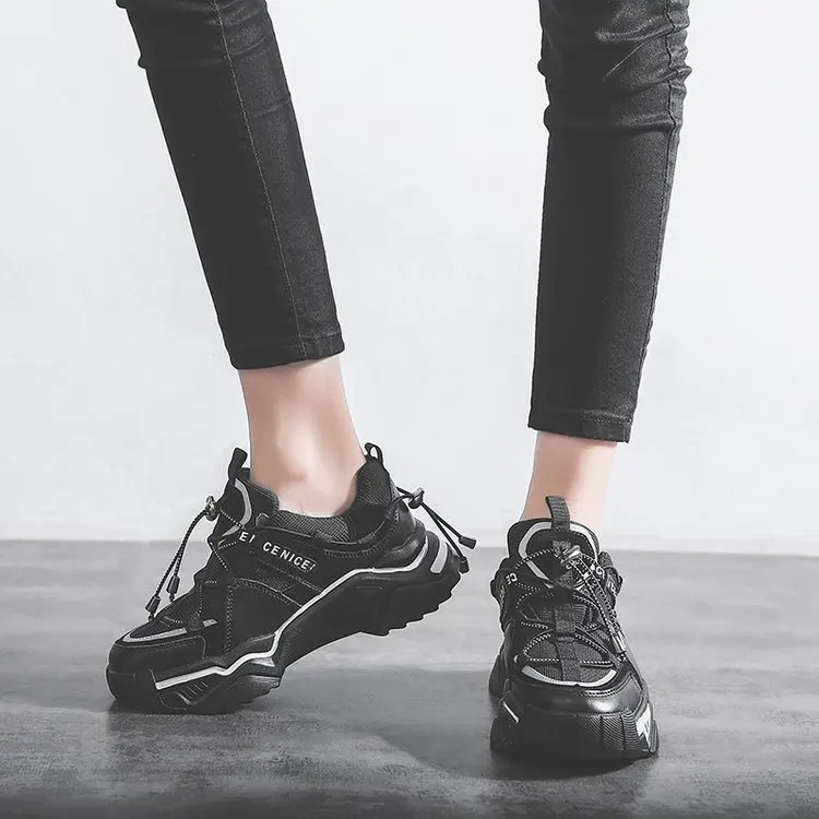 Женские кроссовки на платформе, не сужающиеся книзу массивные кроссовки, спортивная корзина для бега, женская обувь черного цвета, бренд INS Ulzzang, модная женская повседневная обувь, обувь для папы 5 см