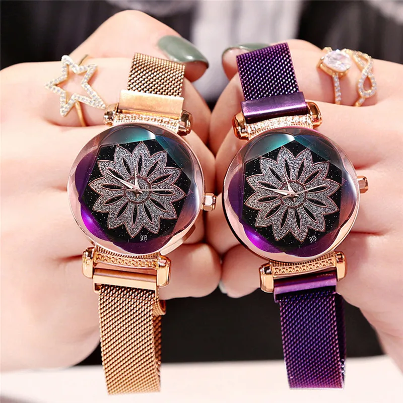 

Luxury Women Watch Rose Gold Quartz Magnetic Buckle Starry Sky Creative Flower Pattern Dial Ladies Business Temperament Clock