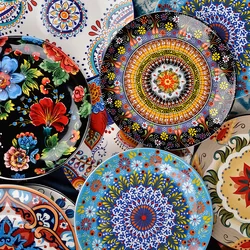 European Underglaze Color Ceramic Tableware Bohemian Creative Western American Flat Steak Plate European Underglaze Color Ceramic Tableware Bohemian Creative Western American Flat Steak Plate