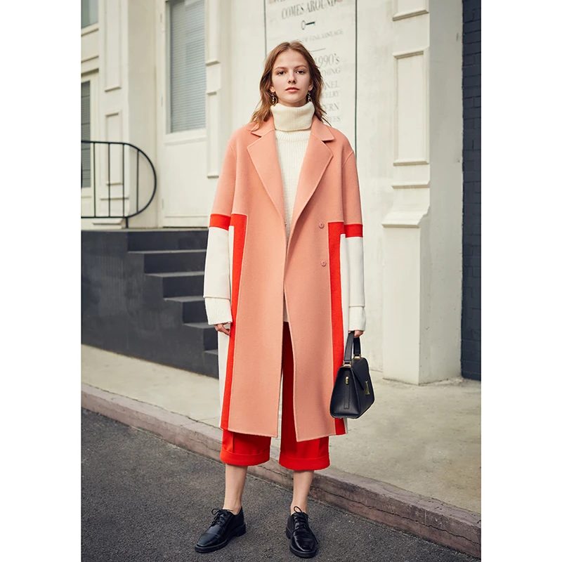 AEL woman's pink double woolen coat Rear slit New fashion patchwork women's popular woolen lattice overcoat female