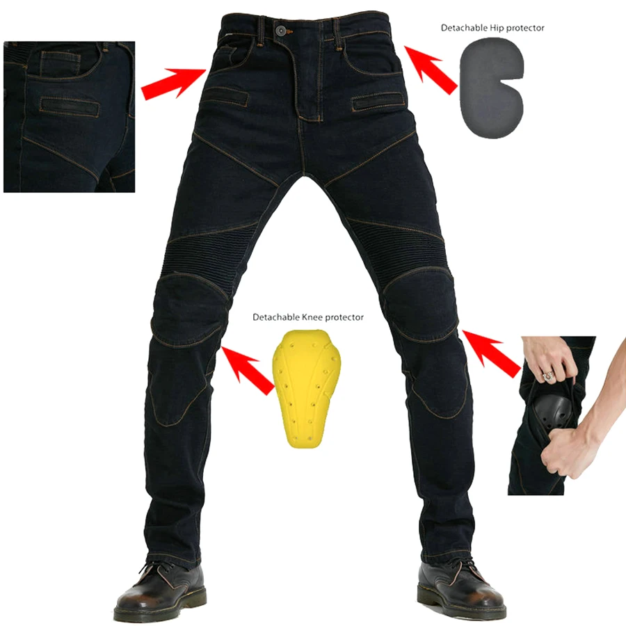 

Motorcycle jeans outdoor riding protective gear equipped to protect knees and hips. Safety jeans are available in three colors