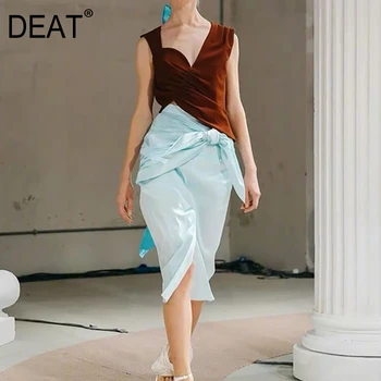 

DEAT 2020 new spring and summer V-neck sleeveless pleated drawstring asymmetrical short T-shirt female t ee WL94516L