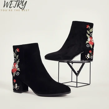 

2020 autumn nubuck round toe ankle boots for women short plush liner embroider floral botines mujer thick high heels boots