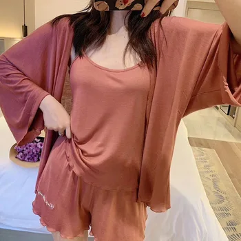 

Women's Pyjamas 4-piece set Sexy Sleepwear Loose Nightwear Sleep tops suspender shorts Ice silk Lady Home Clothes Pijamas mujer