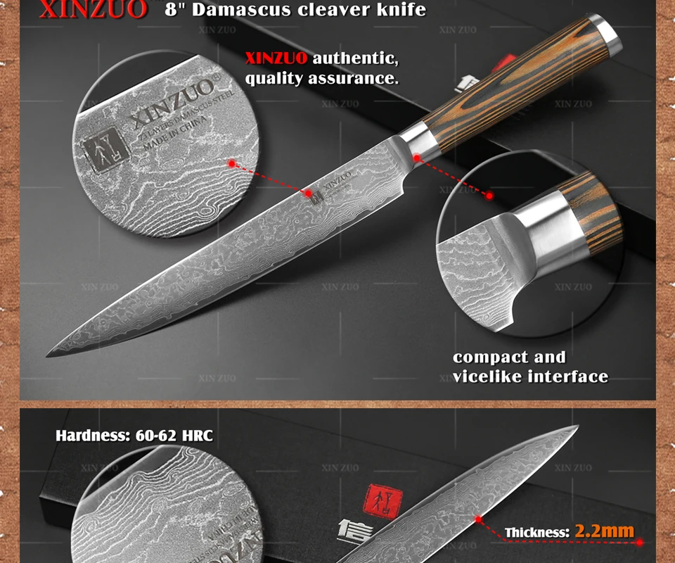 XINZUO 8 дюймов нож-Кливер Дамасская сталь кухонный нож 67 слоев японский кухонный инструмент VG10 сашими ножи для суши Pakkawood ручка