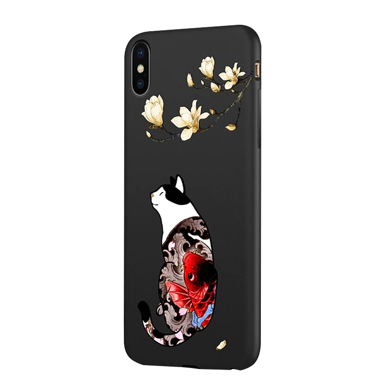 Ukiyo-E Стильный чехол для iPhone X XR XS MAX Cat Koi 3D выступающий рельеф матовый мягкий чехол для задней панели устойчивый к царапинам и царапинам - Цвет: cat flower XS MAX