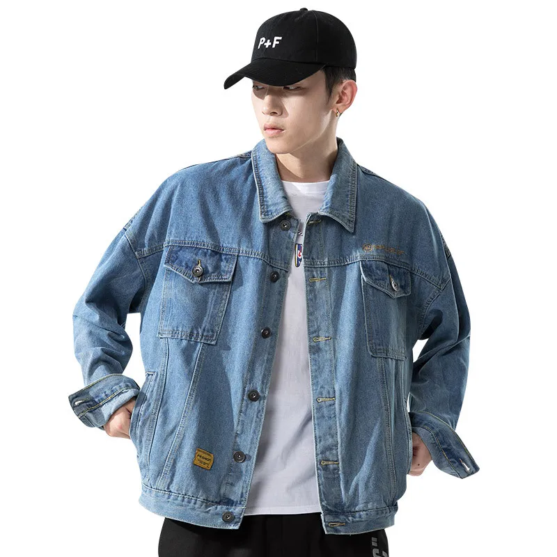 Мужская джинсовая куртка с карманами стандартная модная однотонная свободная
