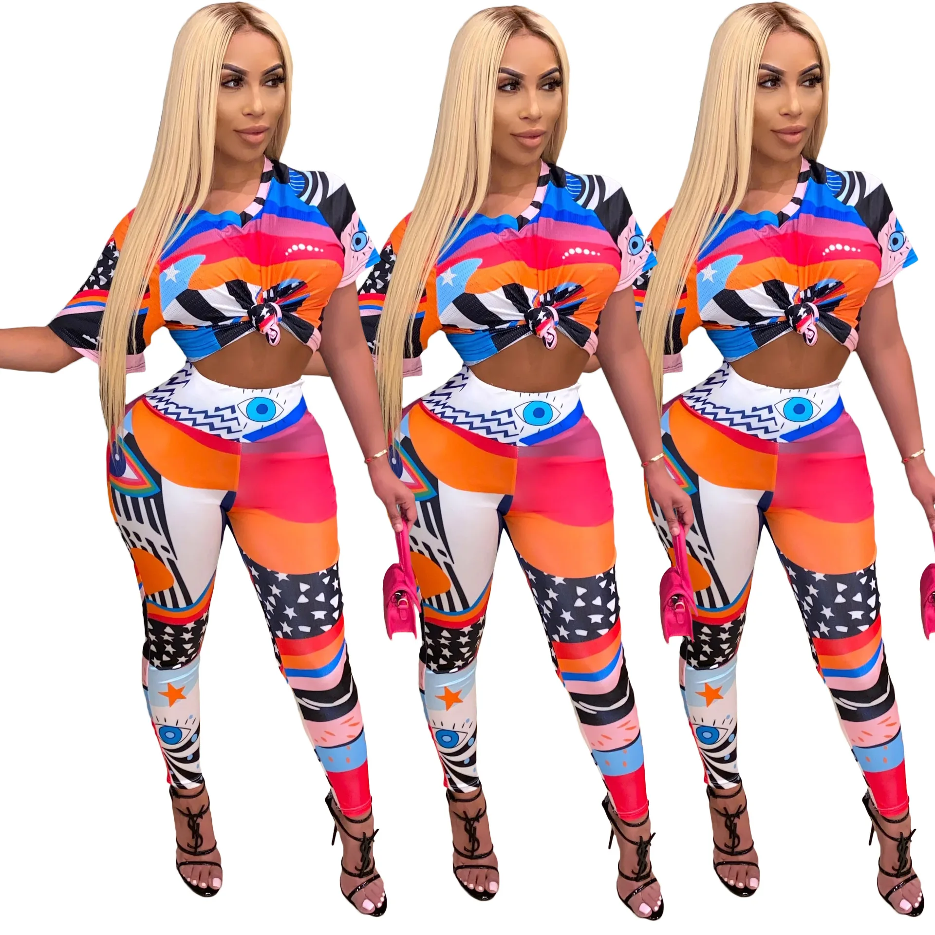 

2020 Summer Women's Suit Sexy Style Solid-color Patchwork Pattern Print T-shirt & Trouser European and American Two Piece Set
