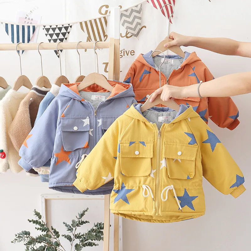 

New Style 2019 Children Winter Children Baby Five-pointed Star Hooded Drawstring Cotton Coat Padded Coat