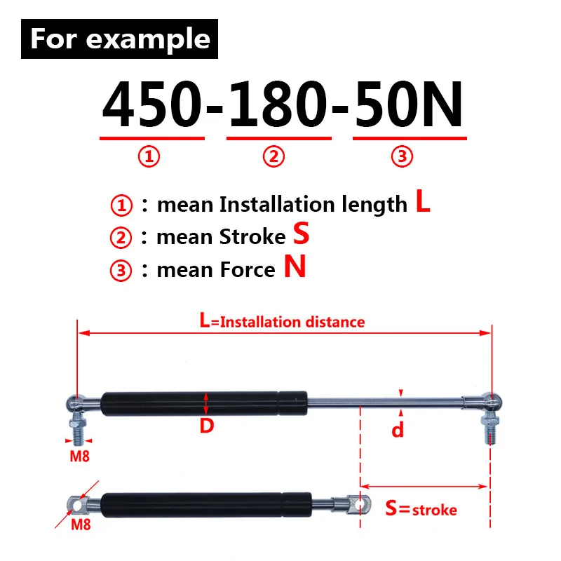 18*8 stange Gas frühling klapp scharnier 50N-500N/5kg-50kg Kraft lift unterstützung Hub abstand 180mm Loch Zentrum Abstand 450mm