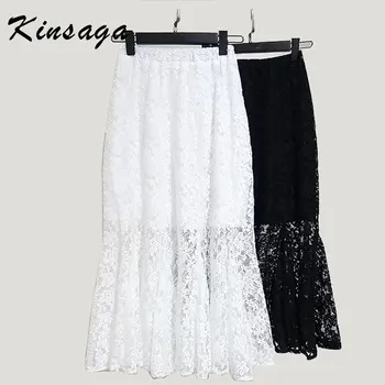 

Spring Elegant Bodycon Lace Patchwork Mermaid Mesh Skirt Women Slim Hollow Out Mid Long Skirt Female Black White Skirt