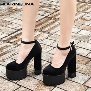 

KarinLuna 2020 New Fashion Flock Women Sandals Square Heels Round Toe Platform Metal Decoration Pumps Summer Casual Woman Shoes