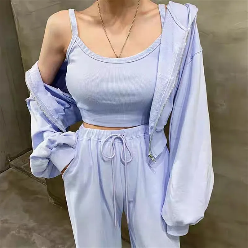 

2020 New Arrival Chic Ins Hot Korean Style Solid Simple Basic Exercise Suits for Ladies Elegant Three Pic Summer Suits for Lady