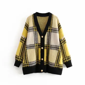 

Retro casual style girl yellow plaid cardigan jacket 2019 fashion new ladies plaid comfortable high quality high-quality jacket