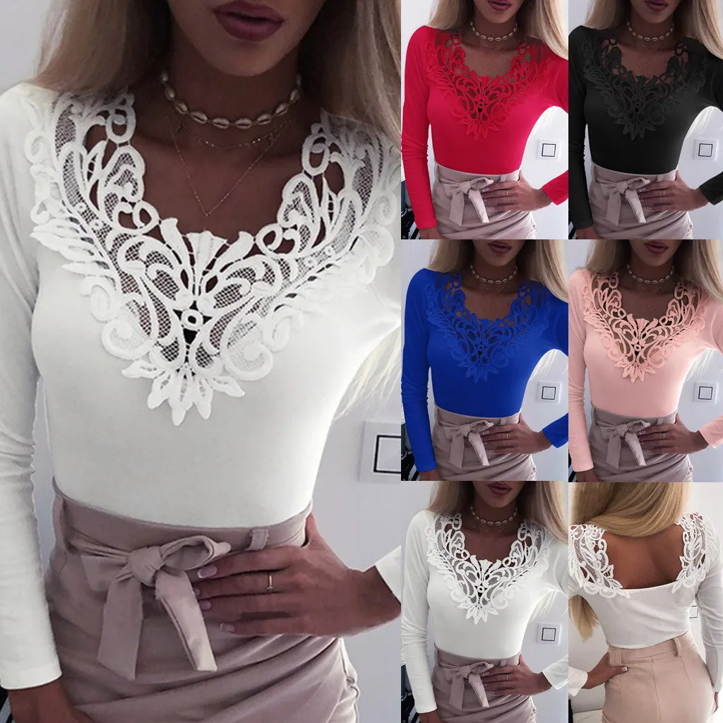 

2020 Newest Hot Women's blouse Sexy white Lace Patchwork V Neck Long Sleeve Shirt Ladies Casual Slim Blouse Blusa de mujer#G1