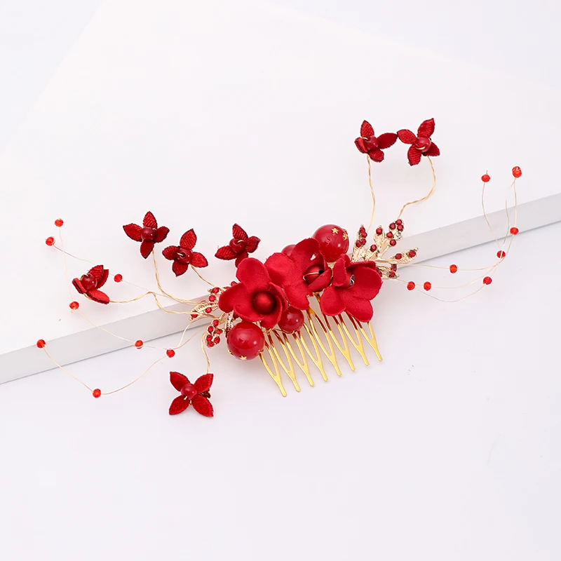 New Design Gold Tiara Hair Combs Handmade Red Flower Bridal Headpiece Star Crystal Wedding Women Ornaments Party Girls | Украшения и