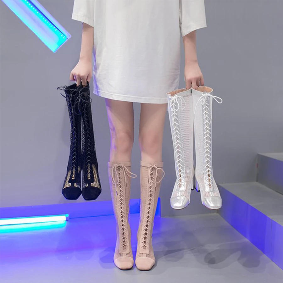 Summer Roman Lace Up Shoes Women Sandals Sexy Mesh Cut-Outs Pointed Toe High Heels Woman Black Kid Suede Ladies Long Short Boots