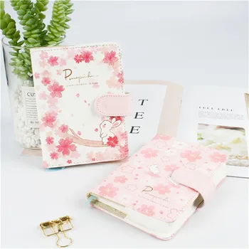 

Japanese Cute Rabbit Sakura Notebook Creative Line Grid Pages Leather Cover Wring Paper Stationery Diary Planner Notebooks