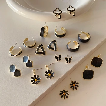 

AOMU 1Pair Vintage Dark Blue Flower Butterfly Shape Metal Irregular Earrings for Women 2020 Korea Minimalist Jewelry Gifts