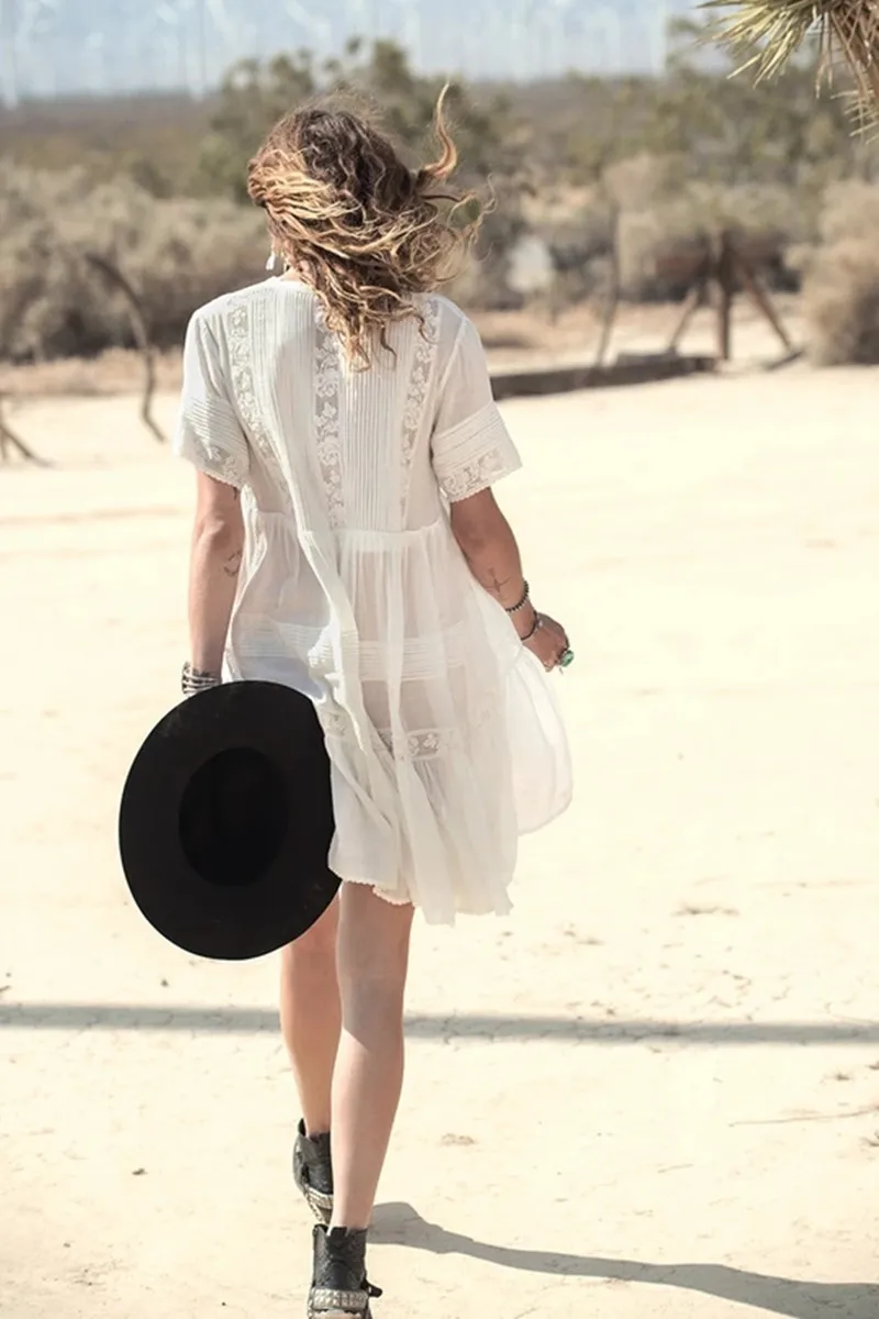 Short Sleeves White Flowy Boho Dress 
