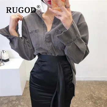 

RUGOD 2019 New Women Denim Shirt Korean Chic Lazy Style Loose Autumn Jean Coat Turn-down Collar Single-breasted Pockets Blouse