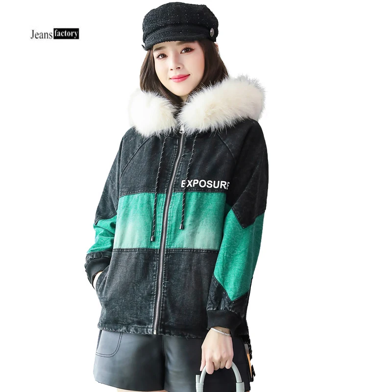 #*Cheap Winter Women Denim Jacket Hooded Faux Fur Collar Thicken Warm Velvet Jackets Leisure Slim Street Wear Letter Short Coat Female