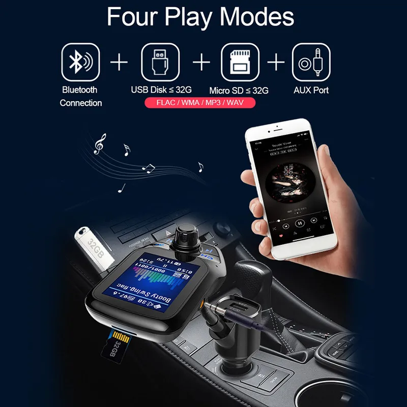 Автомобильное зарядное устройство QC 3,0, Автомобильный MP3-плеер, Bluetooth, прикуриватель, зарядное устройство, автомобильное зарядное устройство с двумя usb-разъемами, музыка, 12 В