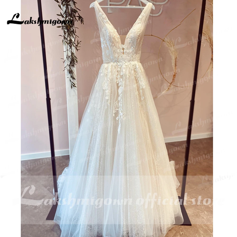 Lakshmigown Champagne V Neck Lace Appliques Wedding Dress Customized Shiny Tulle Vestidos Garden A Line Backless Bridal Gowns 3