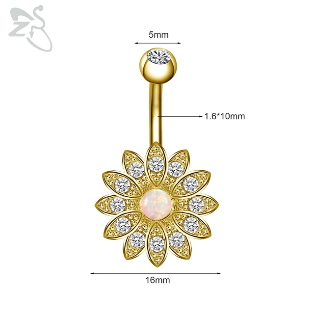 ZS 1 Piece Gold Color Stainless Steel Belly Ring Flower Heart CZ Crystal Navel Belly Button Rings Butterfly Navel Piercings 14G Style 9