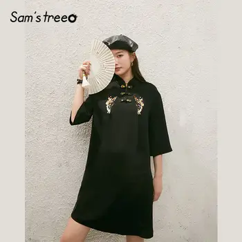 

SAM'S TREE Black Solid Cat Embroidery Casual Women Mini Dress 2020 Spring New Chinese Style Chic Button Ladies Vintage Dresses