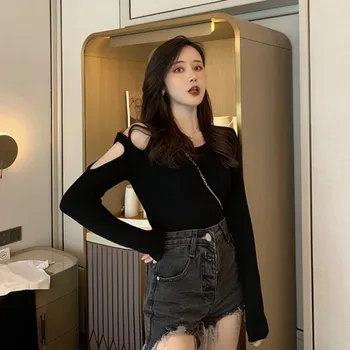 

Long Sleeved Women Sweater Sexy Knitted Cold Shoulder Autumn Clothes Black Jumper Ladies Fall Pull Femme