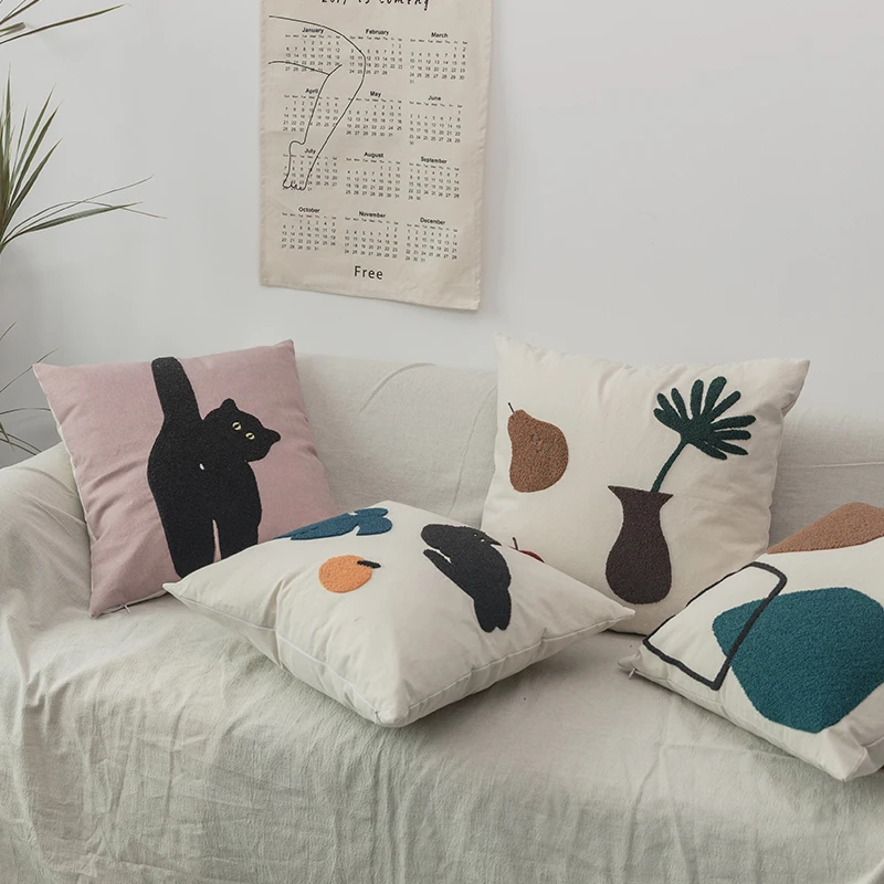 45X45CM cute black cat fruit wool embroidered cushion cover pillowcase sofa cartoon lumbar pillow home decoration | Дом и сад