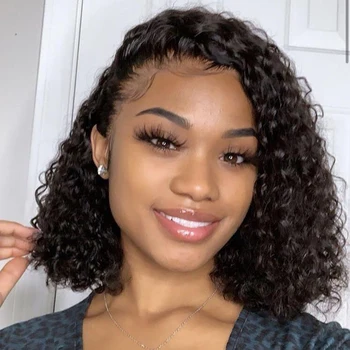 

Malaysian Jerry Curly Short Bob Lace Front Human Hair Wig Pre Plucked For Black Women 180Density 13x4 Lace Frontal Wig Remy Hair