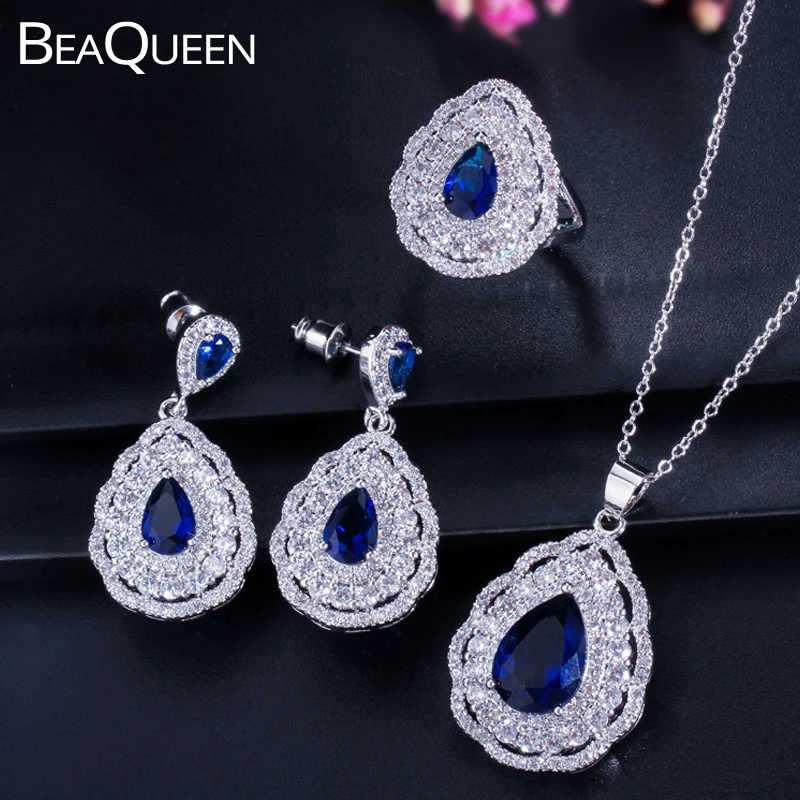 BeaQueen 3 Piece Micro Paved Full CZ Crystal Women Big Earrings Jewelry Sets with Dark Blue Water Drop Cubic Zirconia JS016 | Украшения и