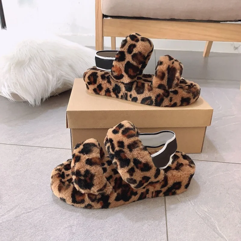2021 Factory Price Comfort Fluffy Slippers Flat Plush Faux Fur Open Toe Pantuflas Mujer Faux Fur Slippers