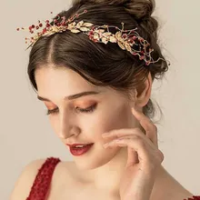 Хрустальные свадебные красные бусы, ободок с листьями для волос, золотой свадебный головной убор, цветочные аксессуары для волос для невесты, подружки невесты