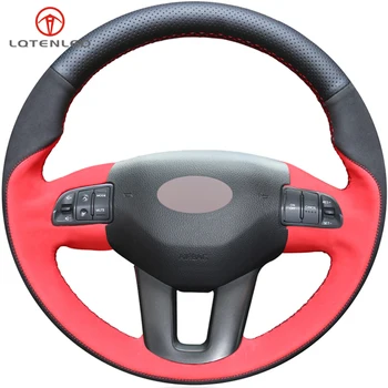 

LQTENLEO Black Genuine Leather Suede Red Suede Car Steering Wheel Cover For Kia Sportage 3 2010-2017 Kia Ceed Cee'd 2009-2012