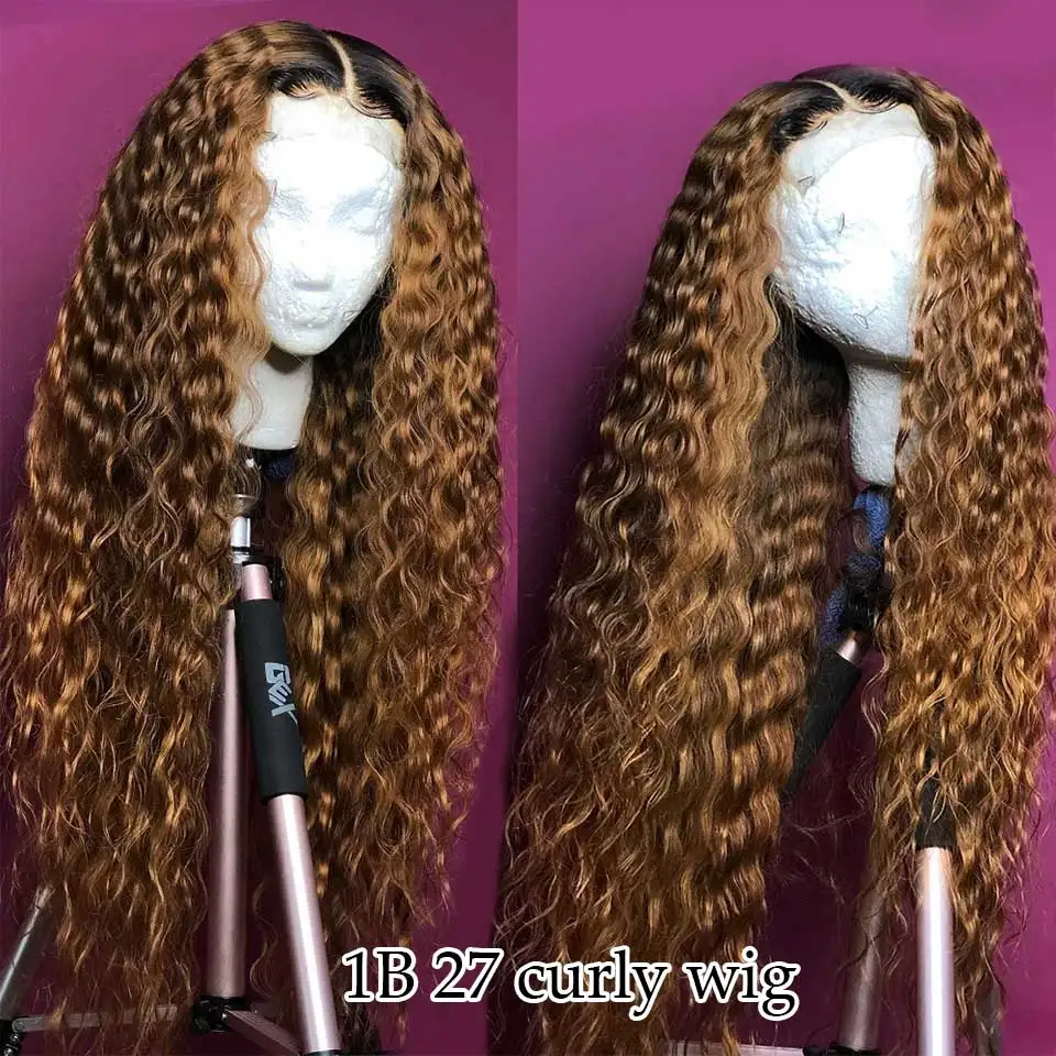 1b 27 curly wig Мёд блондинка с эффектом деграде(переход от темного к вьющиеся Синтетические волосы на кружеве человеческих волос парики с детскими волосами 13x6 оранжевый бразильский Фронтальная Закрытие парик для черных Для женщин - Цвет: 1b 27 curly wig