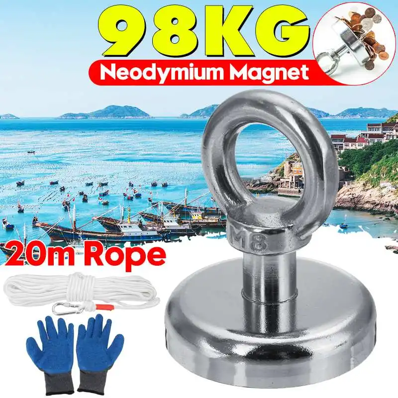 

98KG Strong Magnet Pot Fishing Magnet Deep Sea Salvage Magnetic Hook Permanent Neodymium Magnetic Fishing Tool with Rope Gloves