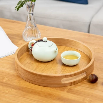 Household Accessories Round Serving Bamboo Wooden Tray For Dinner Trays Tea Bar Breakfast Food Container Handle Storage Tray 1
