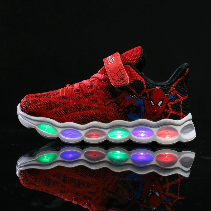 2021 Disney Children's Luminous Shoes Boys Sports Shoes Children's Spring, Autumn and Winter Girls Mesh LED Shoes Spiderman girls leather shoes