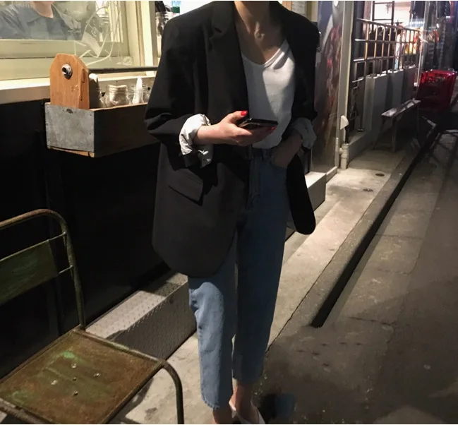 

Ghost Home South Korea Autumn Black V-neck Two-Button Fold-down Collar Suit Cropped Jacket